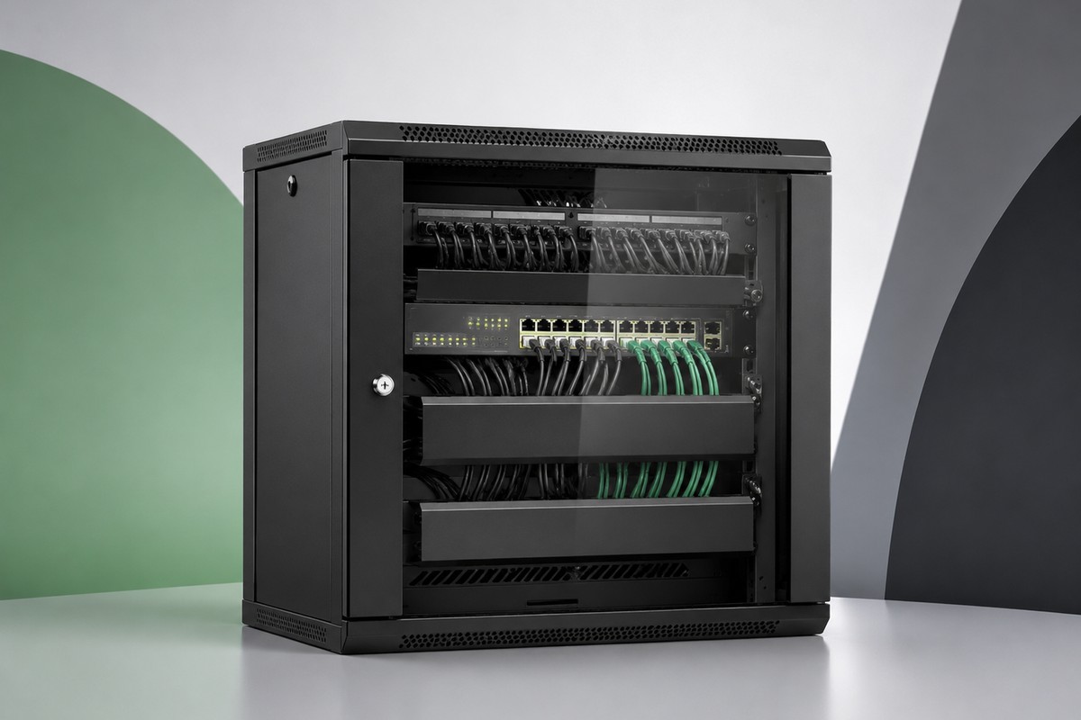 Rack de rede com switch, patch panel e cabeamento organizado